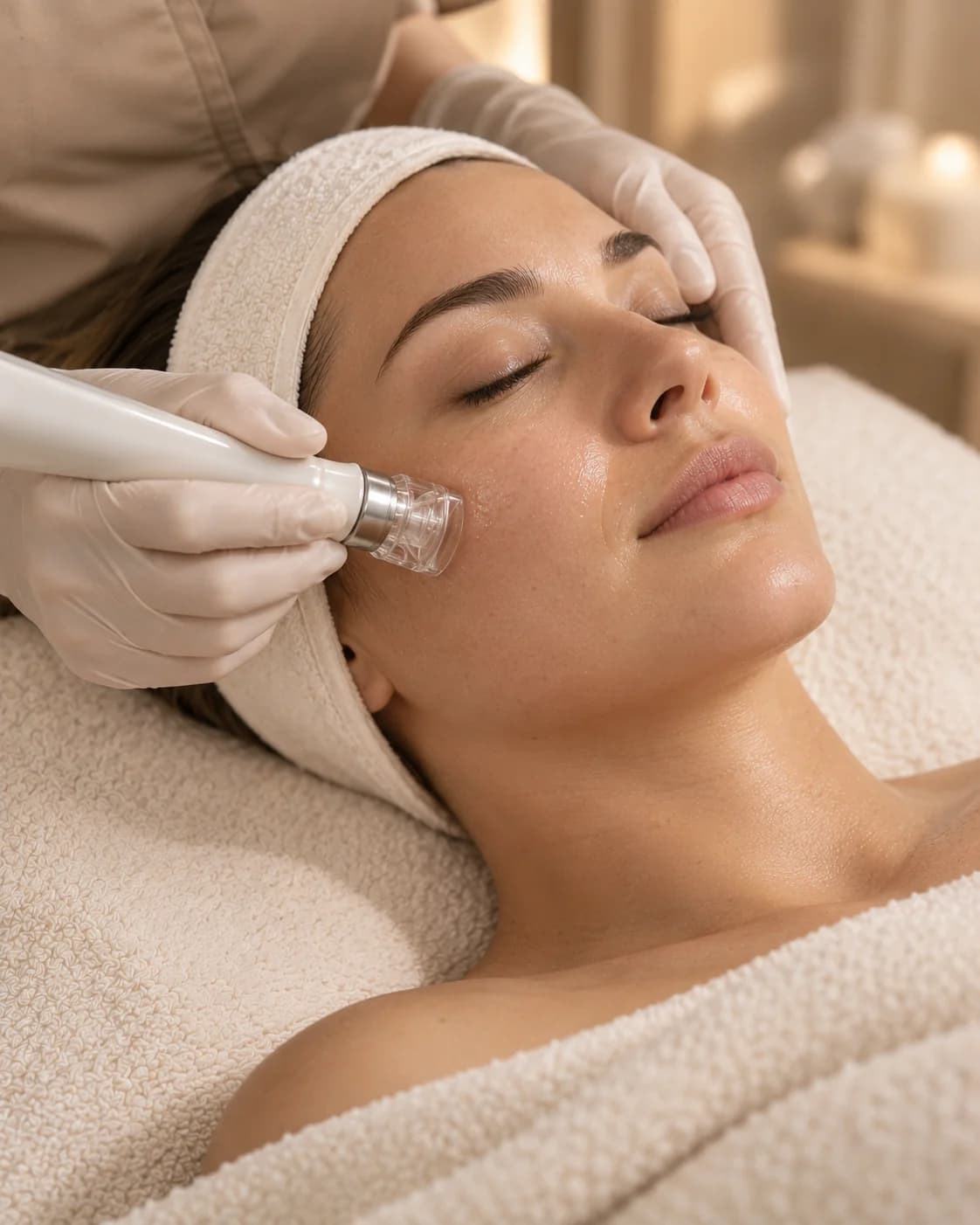 Yanağa şeffaf başlıkla uygulanan Hydrafacial bakımını temsil eden görsel